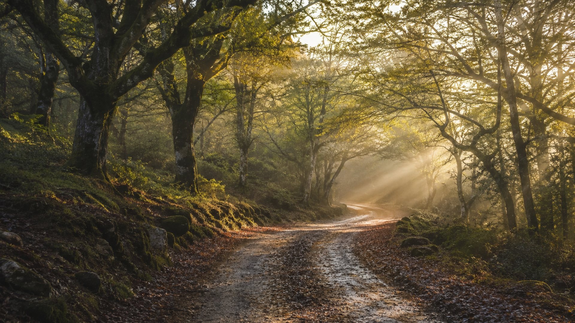 Een bosweg bij zonsopgang tussen oude eiken, met lage zonnestralen door de ochtendnevel
