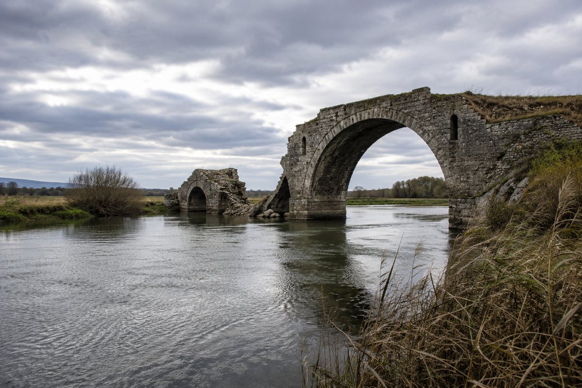 Een half ingestorte stenen boogbrug over een brede ondiepe rivier onder een bewolkte hemel