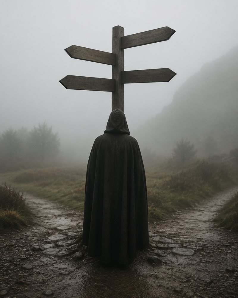 Iemand met een mantel en een kap staat op de rug gezien bij een wegwijzer met lege borden in de mist