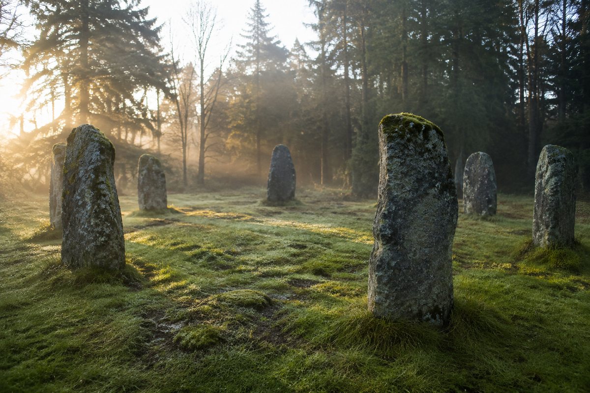 Een kring van bemoste staande stenen op een grasveld in een bos met ochtendmist